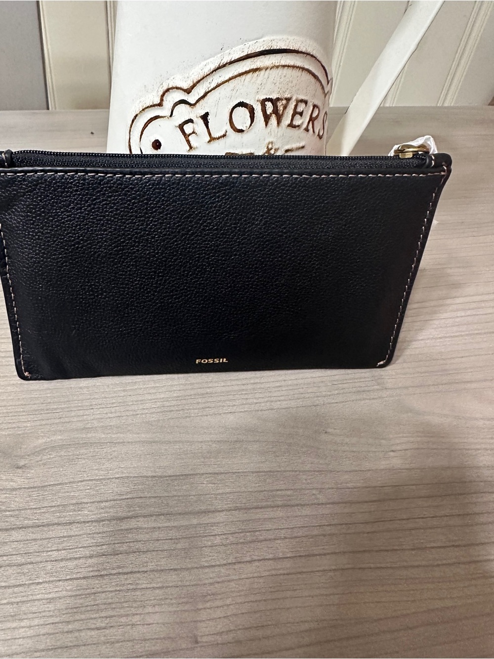 Fossil Black Pebble Leather Wristlet with Gold Trim